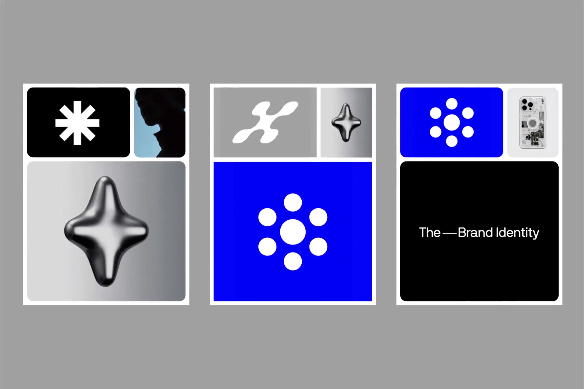 Bento full grid — 3 columns with blue dot pattern and chrome star